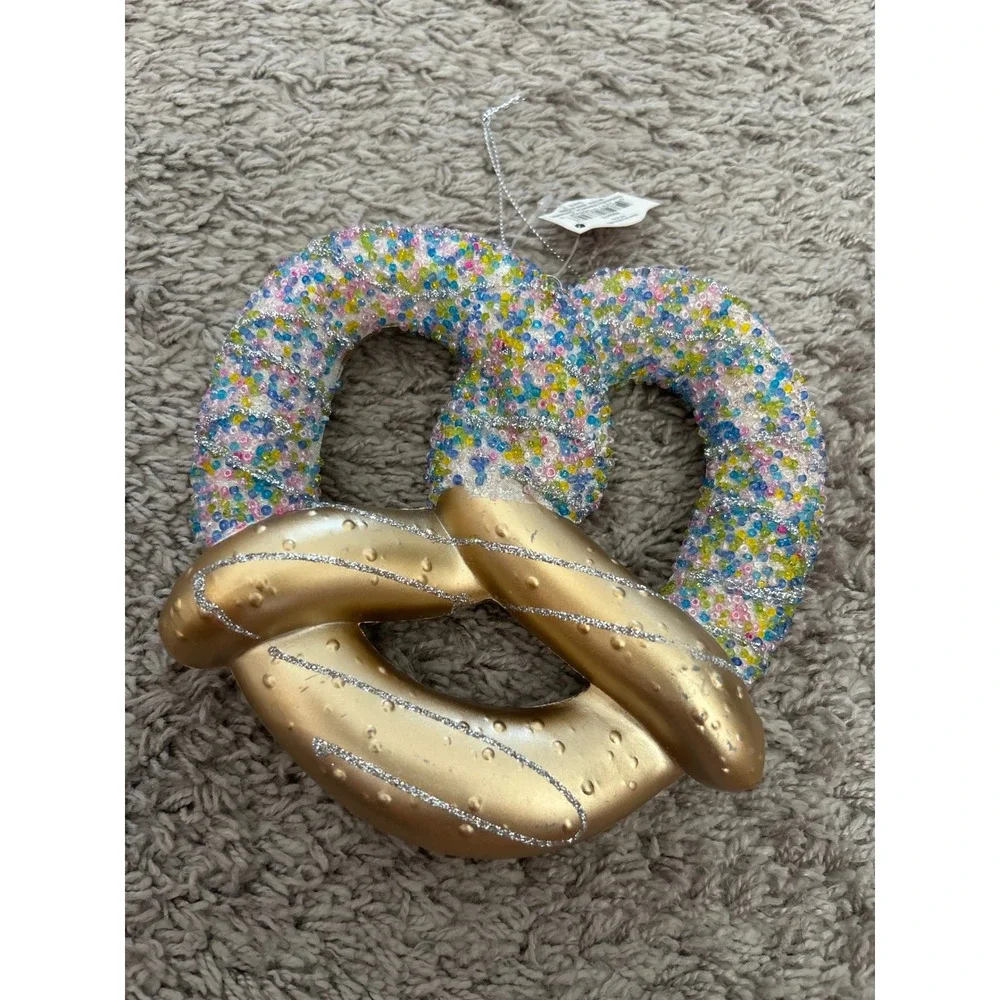 Holiday Time Gold Beaded Pretzel Christmas Ornament Multi Color Pastel Glitter